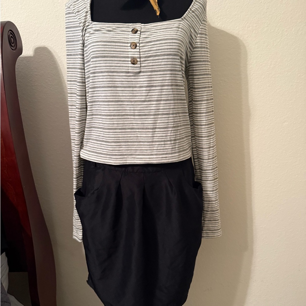 Ten Sixty Sherman Gray Striped Button Top and Gap skirt set.